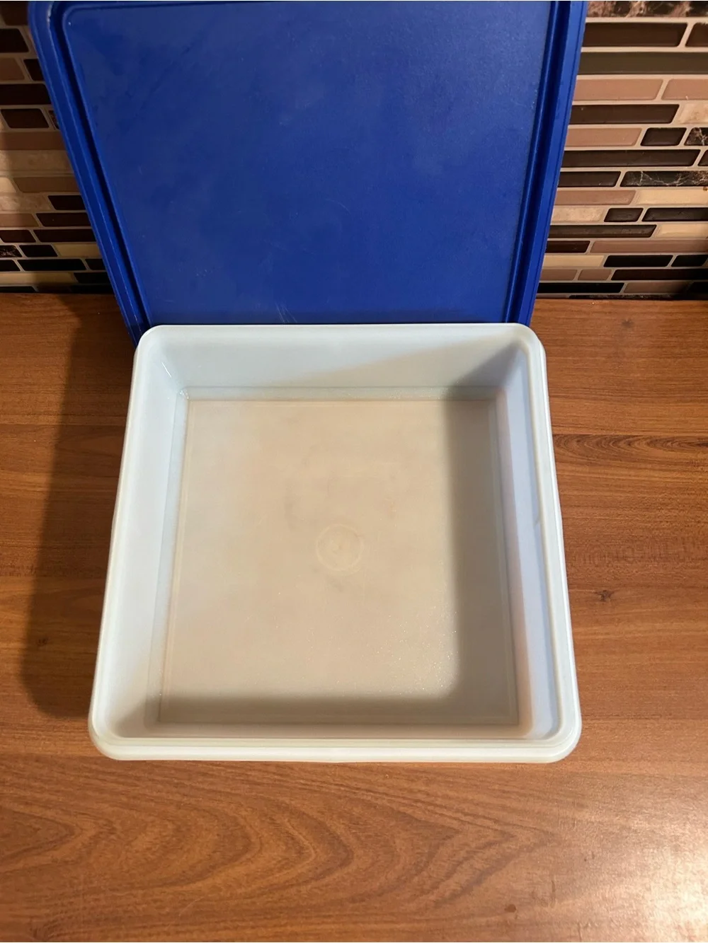Tupperware Blue Lid White Base Square Food Storage Container